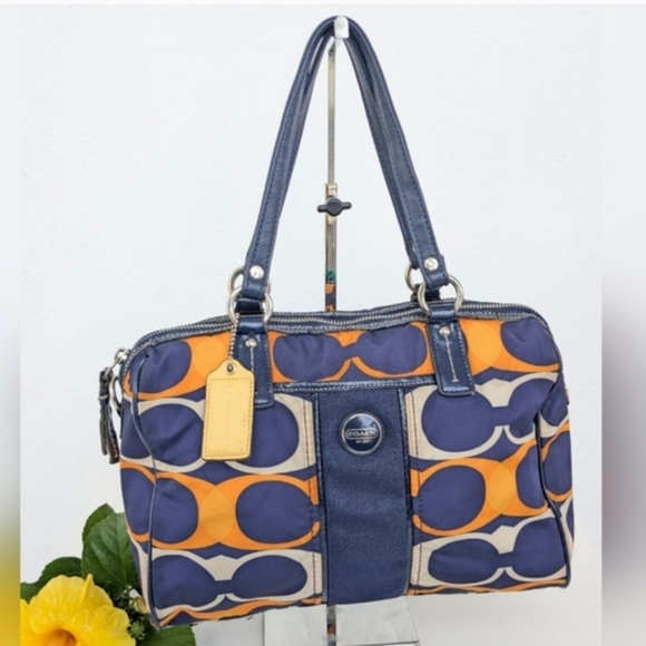 🍍Coach Signature Stripe Satchel Navy and Orange Shoulder Bag - Picture 2 of 11